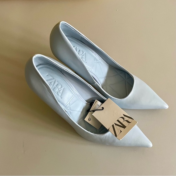 🩵 ZARA LEATHER HEELS POINTED TOE BLUE 🩵 - Picture 7 of 7